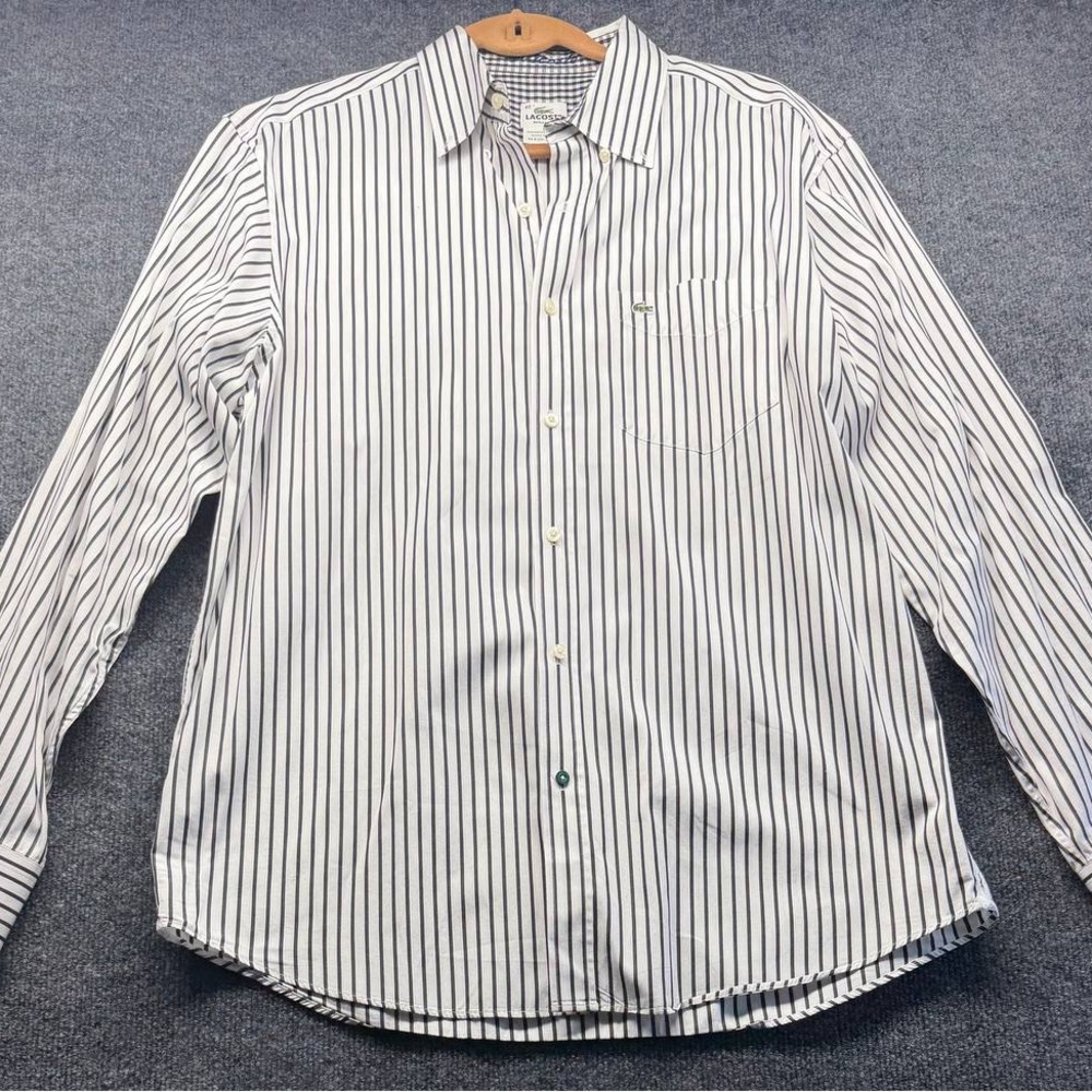 Lacoste Men's Button Down Shirt White Black Striped Long Sleeve Regular Size 42
